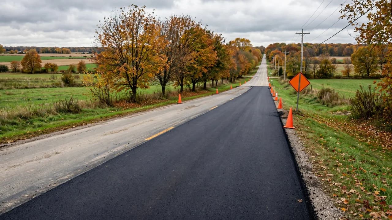 AI-generated illustration of a rural road with fresh asphalt and traffic cones among autumn trees