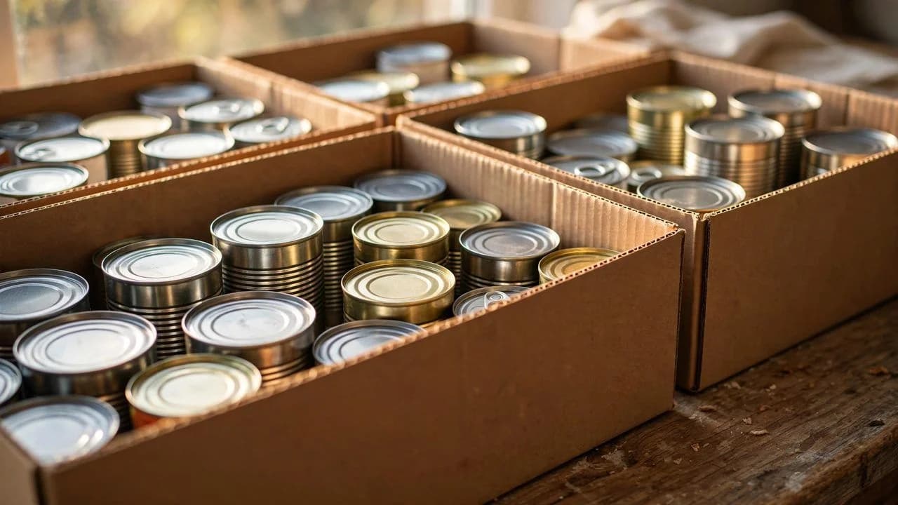 Photorealistic image of donation boxes filled with canned food goods