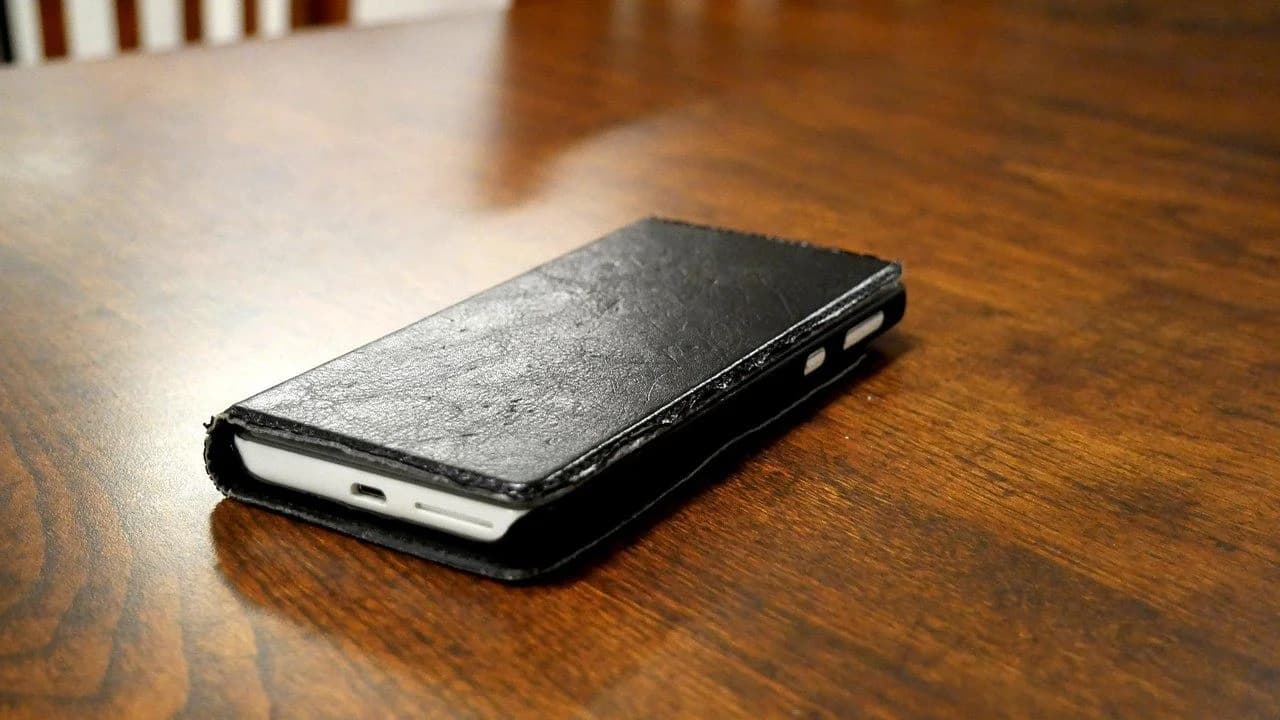 A smartphone in a closed black leather flip case lying on a wooden table; no people visible.