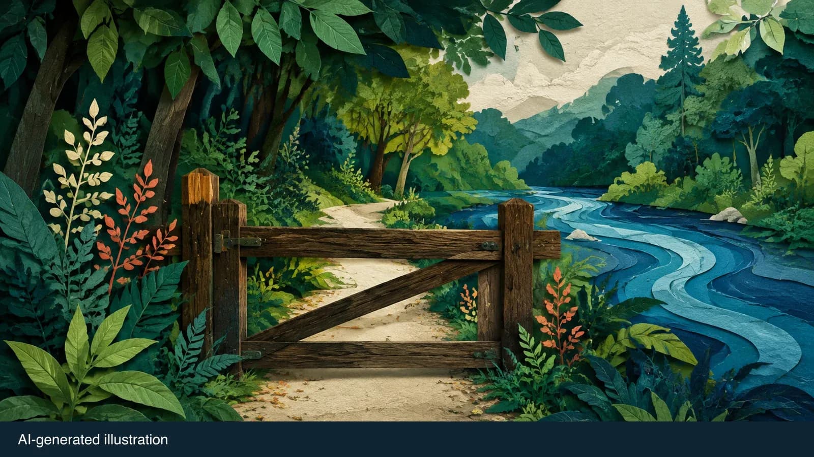 Illustrated closed gate on a creek-side trail; not a photograph of the actual location. AI-generated illustration.