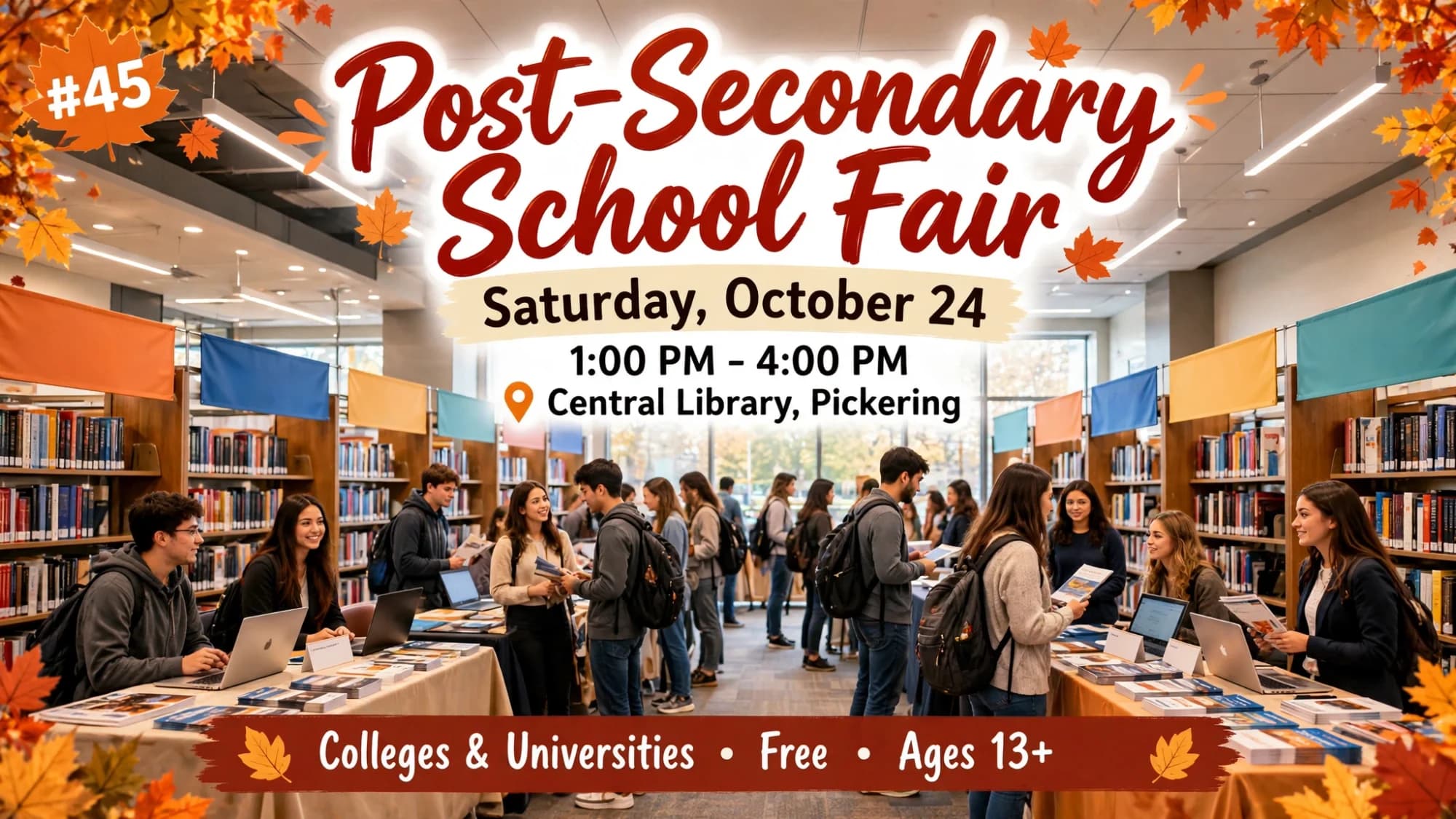 Poster for the Post-Secondary School Fair on Saturday, October 24 at Central Library in Pickering, with students meeting college and university representatives.