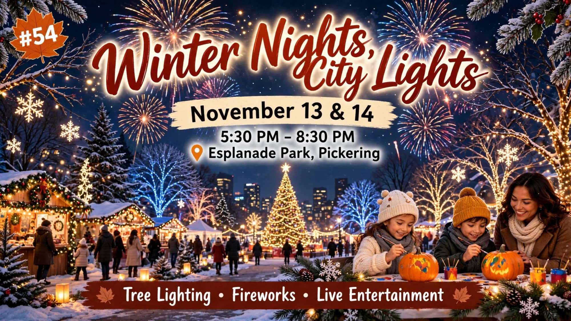 Poster for Winter Nights, City Lights, November 13 and 14 at Esplanade Park in Pickering, with a lit Christmas tree and fireworks.