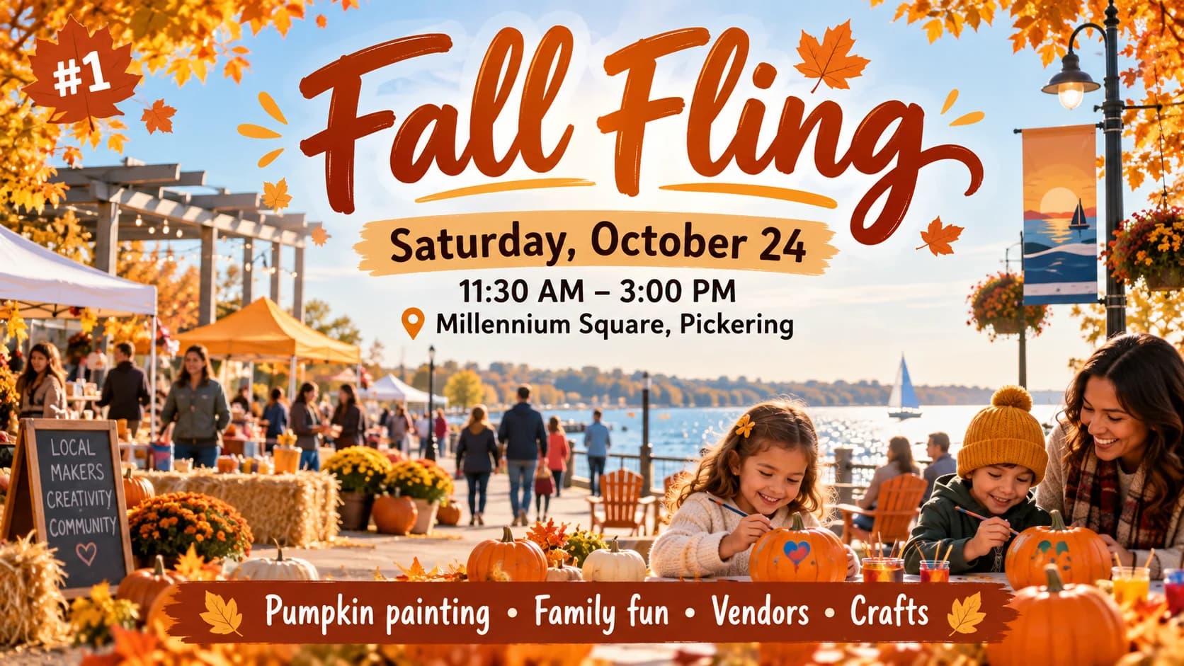Fall Fling event poster: families painting pumpkins at an autumn waterfront festival at Millennium Square in Pickering