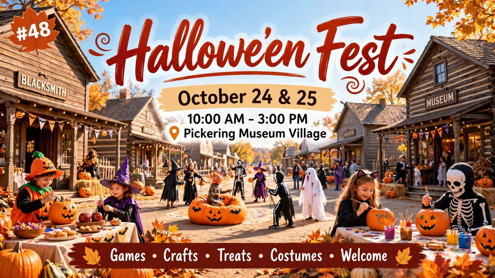 Poster for Hallowe'en Fest, October 24 and 25 at Pickering Museum Village, with costumed children, games and crafts in the historic village.