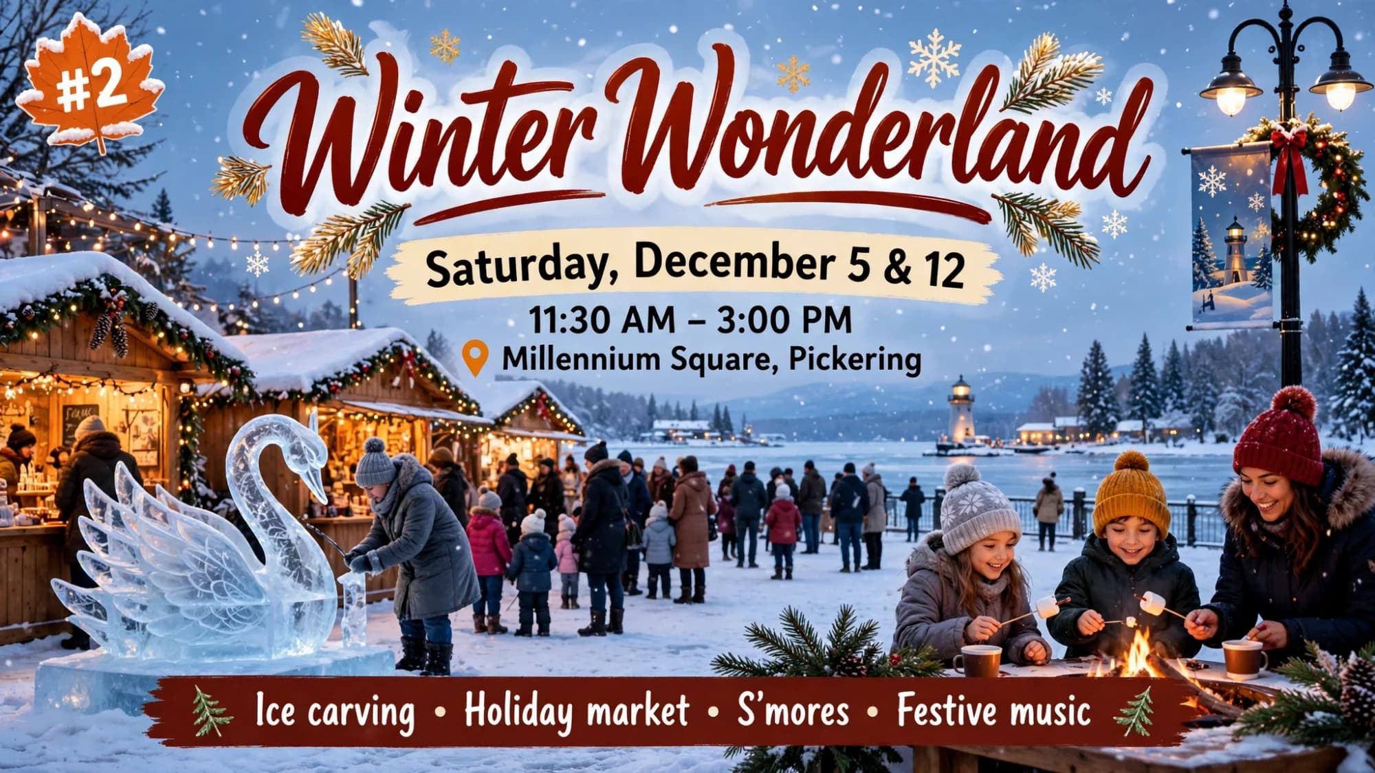 Winter Wonderland event poster: an ice swan sculpture, holiday market stalls and families roasting marshmallows in a snowy Millennium Square in Pickering